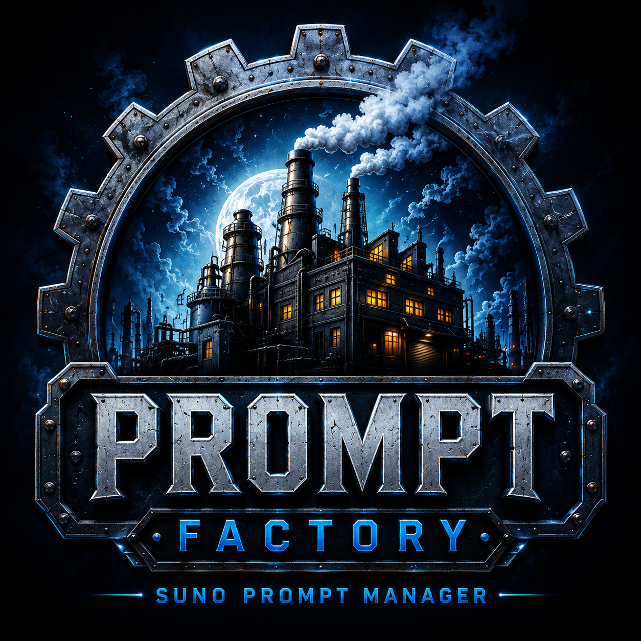 Prompt Factory industrial gear logo with electric blue lighting